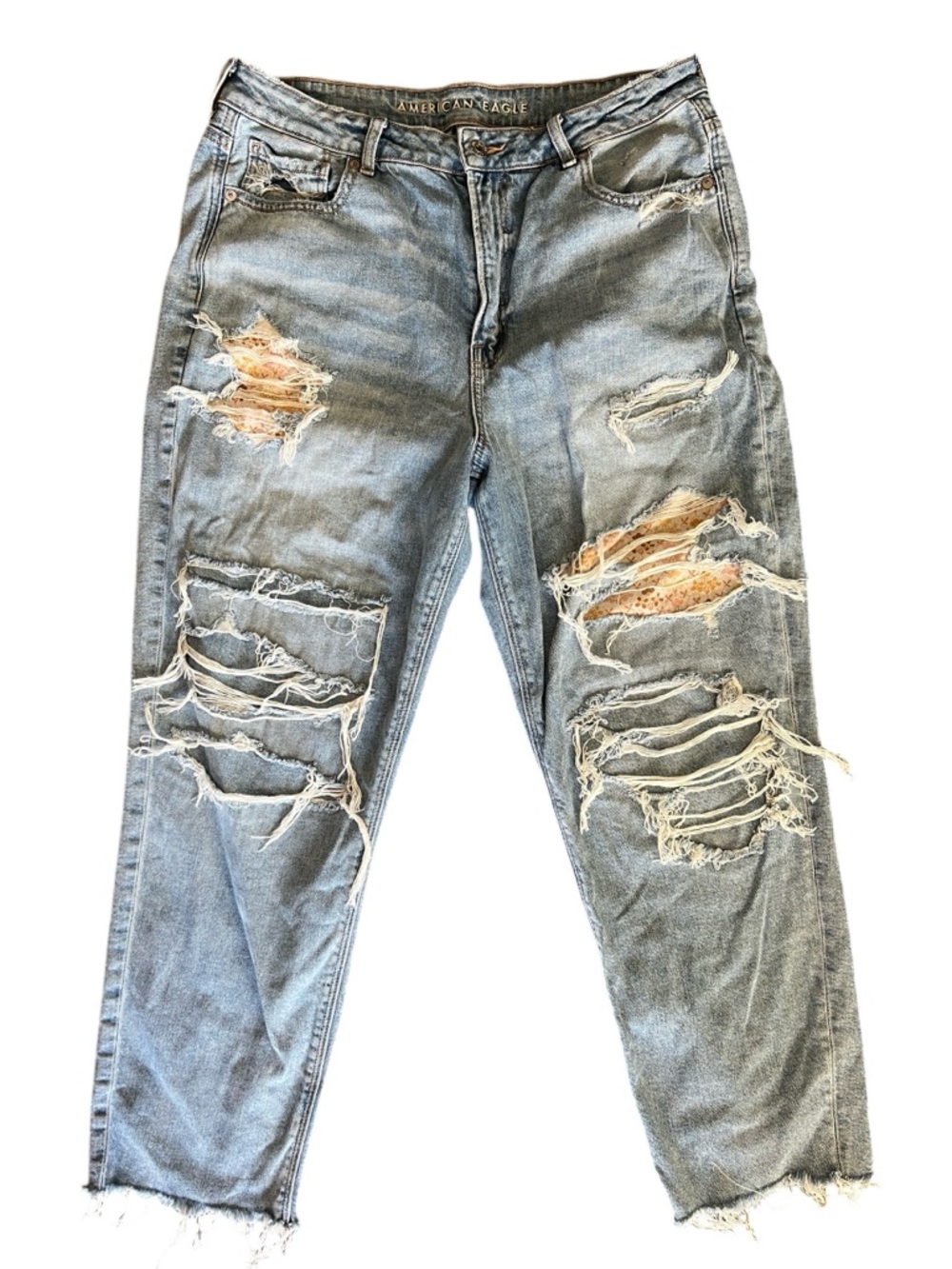 American Eagle Mom Jeans Women’s 16 Distressed Patch Raw Hem High Rise Denim